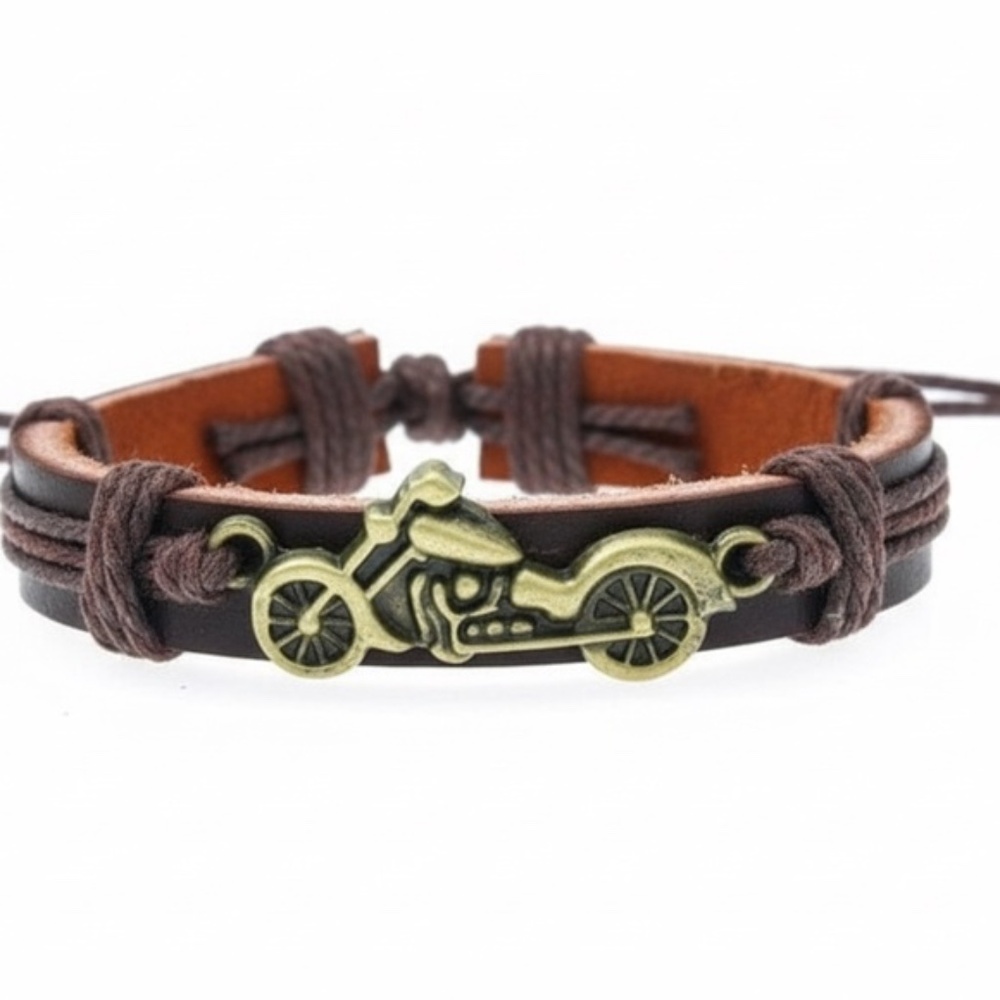 Mens Leather Brown Motorcycle Biker Bracelet Wristband‎